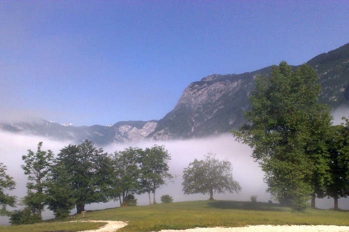 mgła nad jeziorem Bohinij