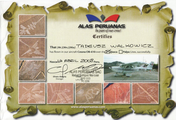 Certyfikat lotu nad Płaskowyżem Nasca - Cesną